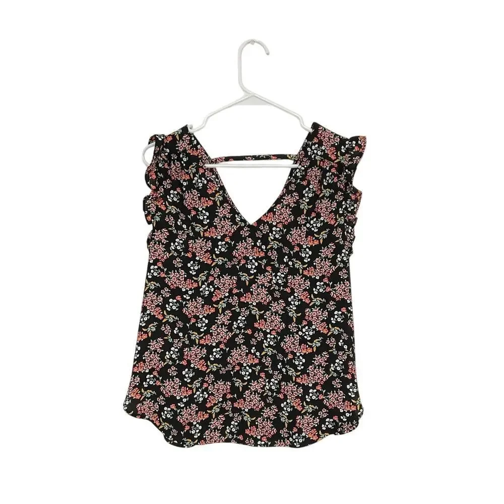 LOFT Floral Ruffle Sleeve V-Neck Pullover Blouse Sleeveless Size Small
